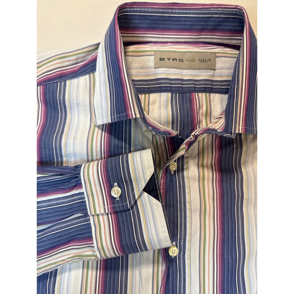 Etro Milano Mens Multi Color Striped Cotton Button Down Shirt Size 42 Made Italy